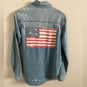 Mustard Seed Patriotic Destructed Denim Button Up Shirt